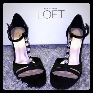 New w/box black satin and rhinestone dress heels